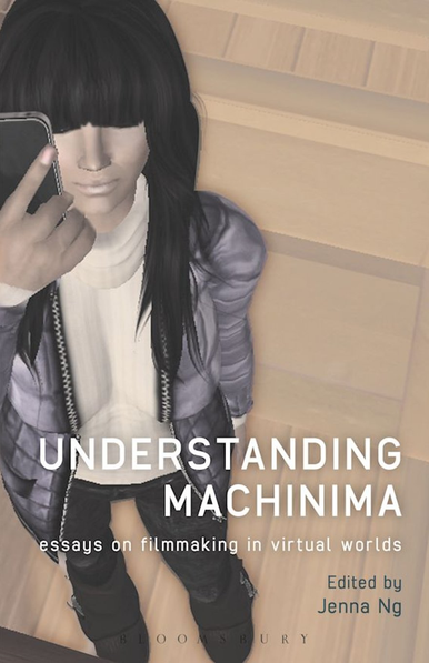 English book cover of 'Understanding Machinima: Essays On Filmmaking in Virtual Worlds' edited by Dr. Jenna Ng. It is a CG cover, with a computer generated woman is taking a selfie, her long black hair is covering her eyes and she's wearing a white turtleneck and purple jacket. The title text is white.