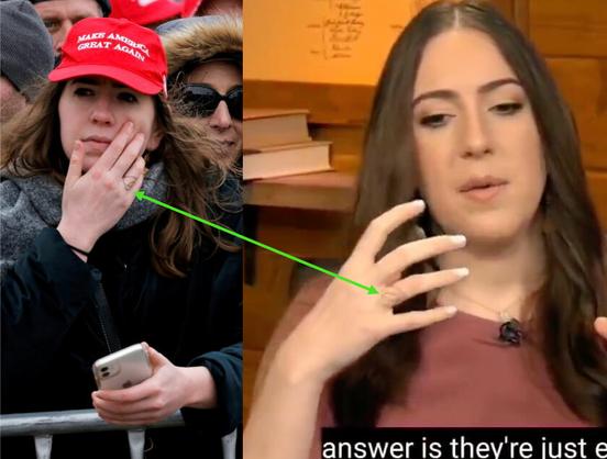 A side-by-side comparison of Chaya Raichik on the Tucker Carlson show with a woman at the Ellipse rally in DC on January 6th showing similar faces and similar distinctive ring on 4th finger of right hand