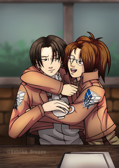 Hanji hugs Levi as he tries to drink his tea.