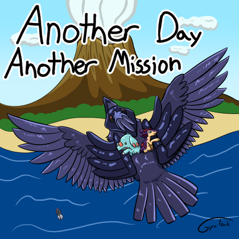 Another Day Another Mission. A Corviknight flies towards a volcanic island, with a purple Quilava and a Phanpy riding on its back. In the ocean below, a Finneon is also swimming towards the island.