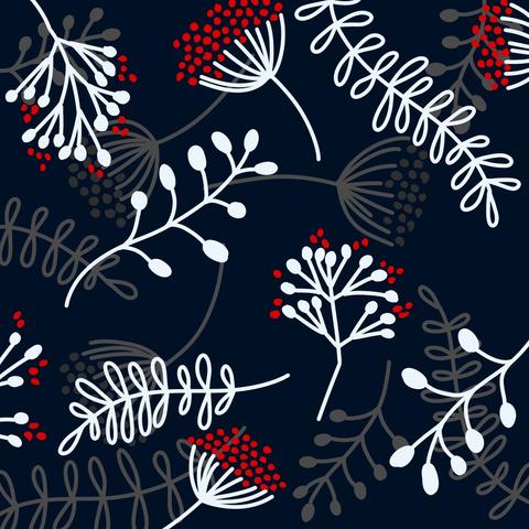 Floral shapes in white and grey on dark blue background. Made it more interesting with adding some red berry dots on some ends of the florals.