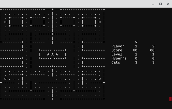 Screenshot of a terminal emulator window running an ASCII version of a Pacman-like videogame.