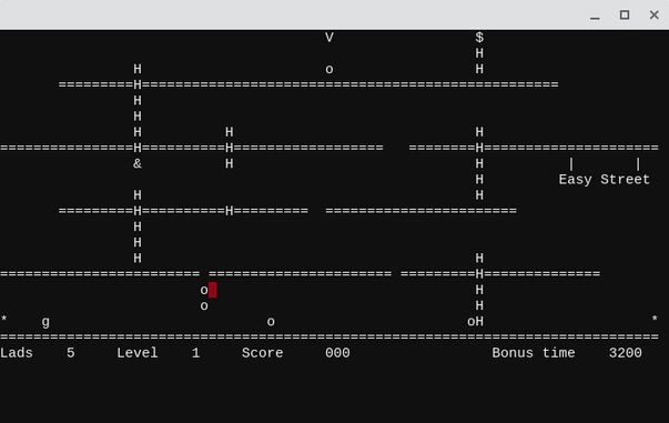 Screenshot of a terminal emulator window running an ASCII version of a platformer videogame.