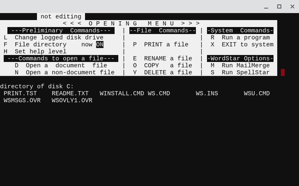 Screenshot of a terminal emulator window running a word processor program, with the command menu taking up the upper half of the screen.