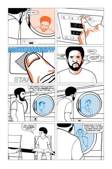 Page 6: Carl pushes buttons and the display reads “- 30 yrs.” He thinks the machine is broken but then notices himself 30 years younger in the reflection of the drying machine.