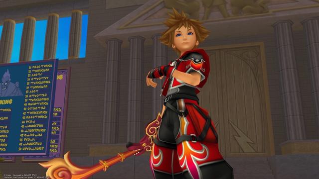 Sora in a red outfit and Mulan worlds red key blade standing proud off center to the right with the gates of Olympus in the background, with many columns, triangle tops with relief sculptures, and a scoreboard to the left.