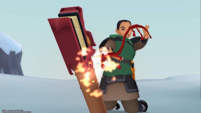 Mulan pulling on Mushu’s tail to ignite a firework that looks like a dragon, on top of a snowy mountain.