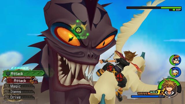 Sora flying on top of Pegasus in Olympus stadium fighting the Hydra. The game UI is seen on top, with a battle menu on left with options like attack or magic, the party status on right, and boss health on top.