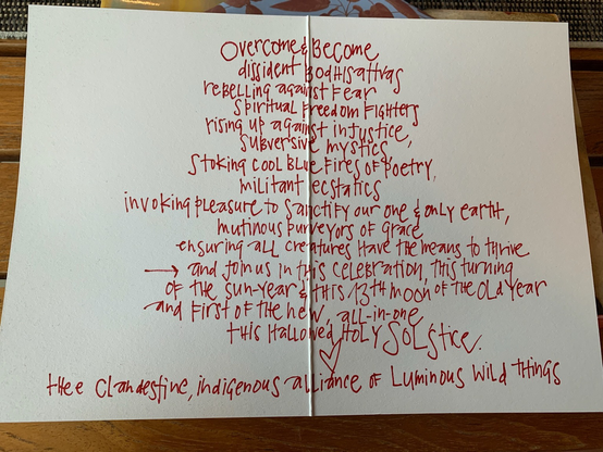 overcome & become  dissident bodhisattvas  rebelling against fear, spiritual freedom fighters  rising up to demand justice, subversive mystics  stoking cool blue fires of poetry,  militant ecstatics  invoking pleasure to sanctify our only Earth, mutinous purveyors of grace  ensuring all creatures have means to thrive, & join in celebration of this turn of the sun-year, this thirteenth moon of the old & first of the new, in one – this solstice-tide with us. love, the clandestine indigenous alliance of luminous wild things