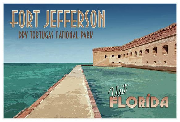 One of my most favorite places to visit was Dry Tortugas National Park off the Florida Keys. I had never heard of it till a few years ago but once I learned of it, I had to visit! You can only visit this park via boat or seaplane but it is well worth the effort to see.  I made this retro travel style poster to commemorate my visit. Pictured is Fort Jefferson with the walkway around the fort and moat surrounded by water.