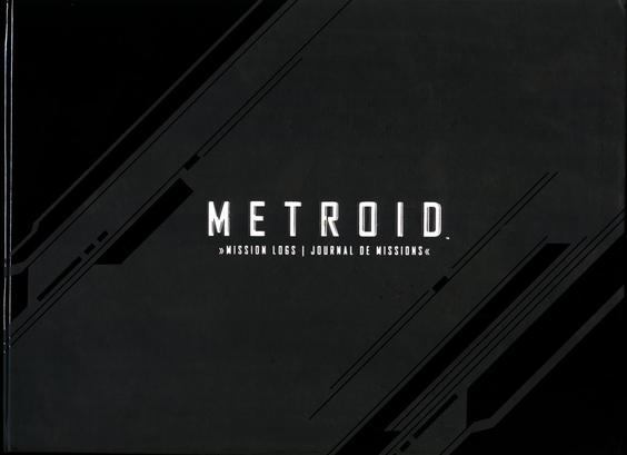 The North American cover of the Metroid Mission Log. It has a basic black background with white lettering on the front in both English and French.