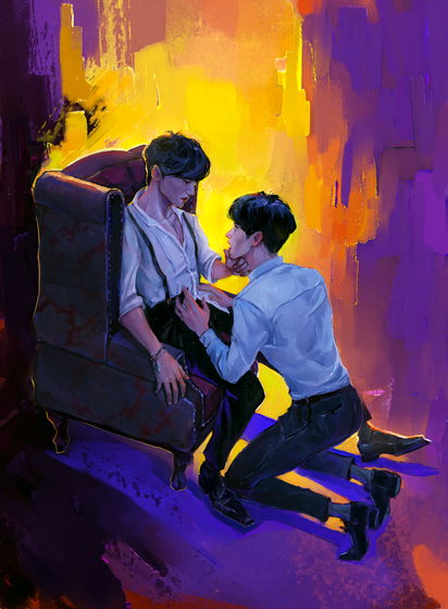 Digital oil painting. One man sits in a chair while the other one kneels before him and looks up suggestively unzipping his pants.