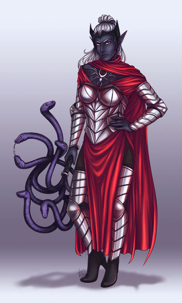 A drow priestess in a long red dress and an armour with spider motifs, holding a whip of fangs with 6 snakes and looking with despise at the viewer