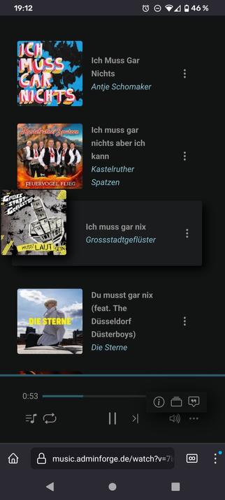 Screenshot der Mobilansicht von Hyperpipe im Fennec-Browser mit Suchergebnissen, u.a. "Ich muss gar nix" von Grossstadtgeflüster