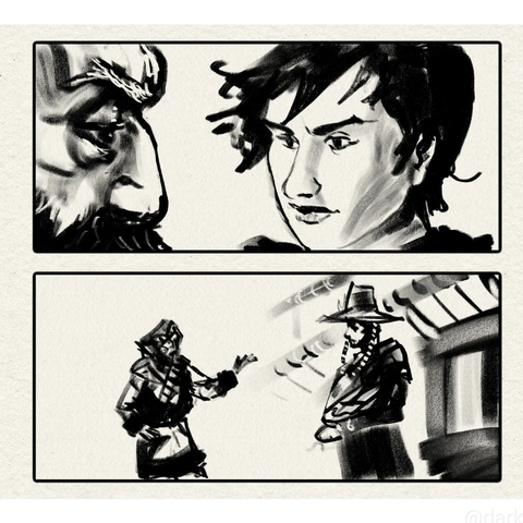 Composition practice in digital charcoal, two portraits and a medium shot