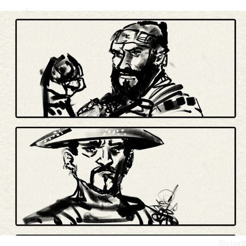 Composition practice in digital charcoal. A bearded monk shoes his first and a man with hat and goatee