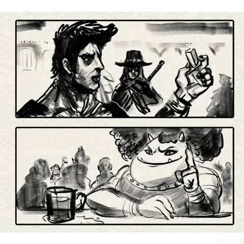 Composition practice in digital charcoal. Two adventurers chat together and an ogress talks in a tavern.