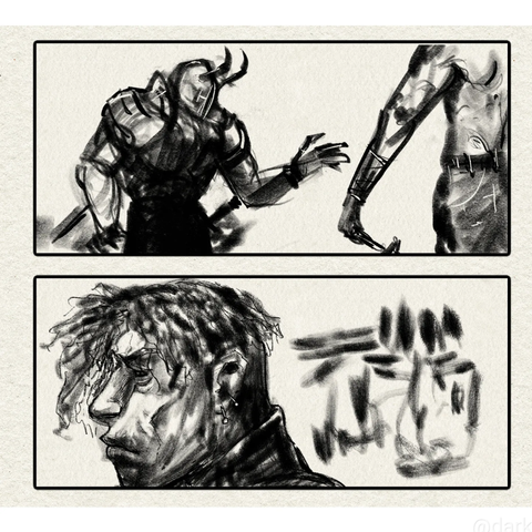Composition practice in digital charcoal. An armored knight talks with a shirtless fighter and a portrait of a sad and angry person.