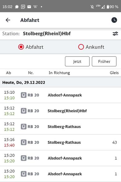 Screenshot der Abfahrtstafel im DB Navigator von Stolberg (Rheinland) Hauptbahnhof mit sechs unterschiedlichen Zügen der Linie RB20 innerhalb von 10 Minuten