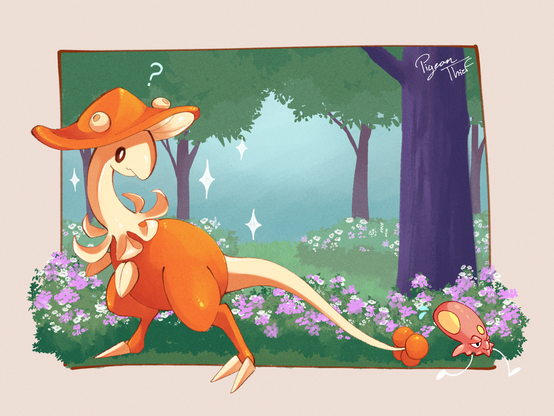 Shiny Breloom in a forest background looking at a fleeing Toedscruel.