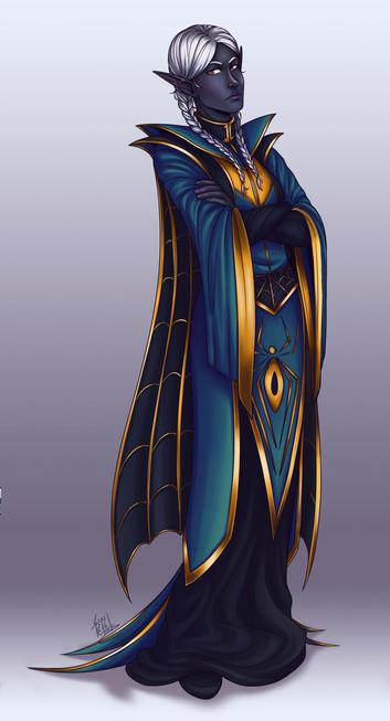 Drow priestess in a long blue robe with a spider motifs