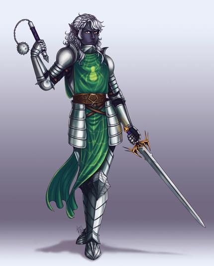 Drow priestess in a full plate armour with spider motifs holding mace in one hand and a sword in another