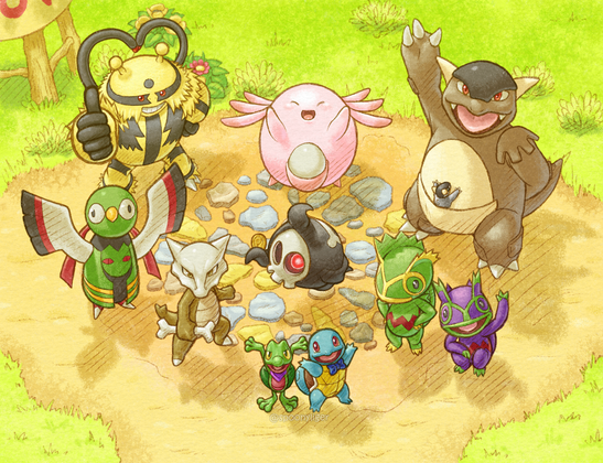 An outdoors group shot from above of the Treasure Town merchants with the starter heroes Treecko and Squirtle.