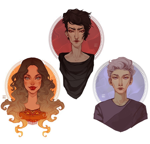 A digital illustration of three busts. Screen left is a girl with long hair fading from brown to blond and bright red lipstick. Middle bust is a male with black hair, a lot of piercings, and a gothic style. Screen right bust is a male with a big quaff of silver hair. All are in their twenties and are in the style of artist anta arf on tumblr.