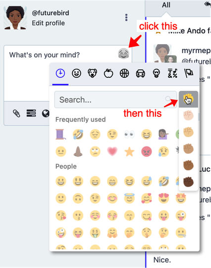 screen shot of the emoji menu that pops up when you click the laughing face in the corner of the text window for new posts. 

Arrows show to click that first, then click the yellow fist to change skin colors.