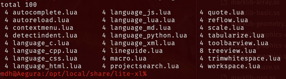 4 autocomplete.lua	 4 language_js.lua	 4 quote.lua
 4 autoreload.lua	 4 language_lua.lua	 4 reflow.lua
 4 contextmenu.lua	 4 language_md.lua	 4 scale.lua
 4 detectindent.lua	 4 language_python.lua	 4 tabularize.lua
 4 language_c.lua	 4 language_xml.lua	 4 toolbarview.lua
 4 language_cpp.lua	 4 lineguide.lua	 8 treeview.lua
 4 language_css.lua	 4 macro.lua		 4 trimwhitespace.lua
 4 language_html.lua	 4 projectsearch.lua	 4 workspace.lua