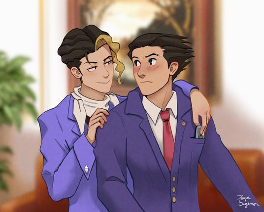 Phoenix blushes while Richard touches his shoulder and discretely talks his phone from his front pocket.