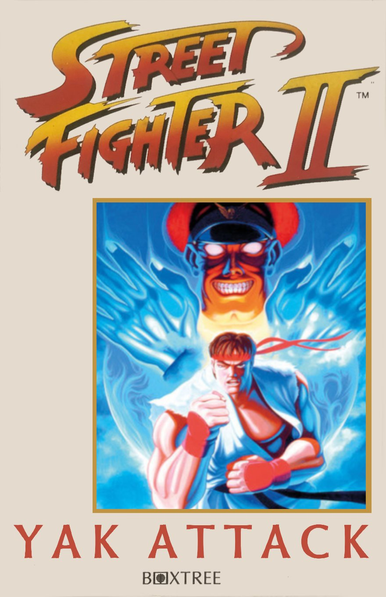 English book cover of 'Street Fighter II: Yak Attack' from Boxtree and written by Jonathan Sutherland. It is white cover with the Street Fighter II logo at the top, and then an image of Ryu and M. Bison in the center.