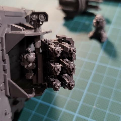 Six barrels of a hurricane bolter on a Space Marine Land Raider.