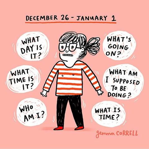 Cartoon for December 26 - January 1 asking a series of questions including -- What Day Is It? What's Going On? What Time Is It?