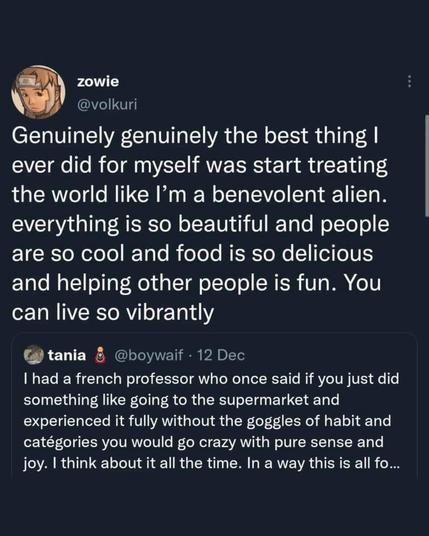 Quote tweet by @volkuri that reads "Genuinely genuinely the best thing I ever did for myself was start treating the world like I’m a benevolent alien. everything is so beautiful and people are so cool and food is so delicious and helping other people is fun. You can live so vibrantly". Tweet is a quote tweet of the first of these photos.