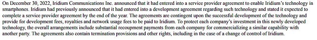 Iridium text disclosure to the SEC in the US in regard to an agreement for a direct satellite to smartphone agreement