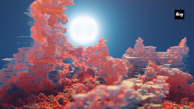 An alternative view of the same voxel scene shown in the previous image, here exposing more of the model interior