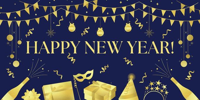 Black and gold happy new year banner showing popping corks, streamers and other party paraphernalia.