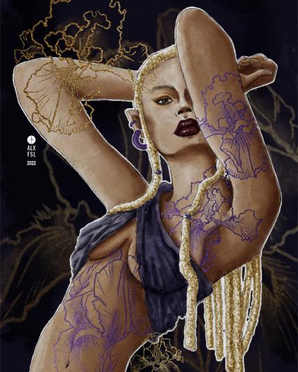 Dark mood. 
Color palette: dark violet, glitter violet, blonde yellow, gold, brown/black skin.
Technique: digital watercolours
The following description use left and right from the point of view of the subject of the portrait, meaning that they are mirrored in the final artwork. 
 Half body portrait of a black elfish woman with blonde dreadlocks standing with her arms crossed behind her head. While the body is view from the left side, her face is frontal looking at the viewer. Her left arm cover half of her face, so only one of her deep brown eyes is visible. Her lips are very dark red and she is wearing a small dark violet top made up from a wrapped cloth that cover just her breast. Her exposed skin is covered with three big glitter violet iris tattoos visible on her left upper arm, neck-breast, and on her belly. She is standing on a dark violet background with a blurred silhouette of a giant flower behind her. Floating decorative gold iris similar to her tattoos overlays her right arm, and a small decorative gold iris slightly overlay her left side of the belly.