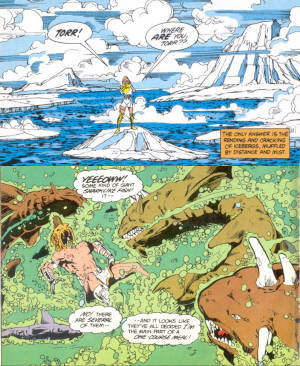 Two scenes from the comicbook, one showing Tarra on a floating ice sheet and one showing Torr surrounded by sharks. Both scenes which appear in the game verbatim.