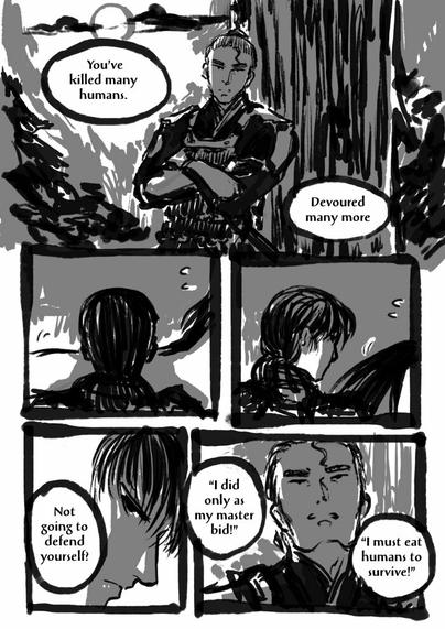 Page 2 of fight / flight: Otake, as he appears at the end of I Heard A Cicada Cry, leans against a tree, arms folded.
Otake: "You’ve killed many humans. Devoured many more."
Hokushin turns his head, but says nothing. The horse nervously skitters off. Otake: "Not going to defend yourself? 'I did only as my master bid! I must eat humans to survive!'"