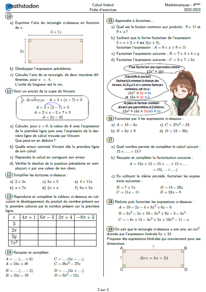 Fiche d'exercice sur le calcul littéral. Page 2
