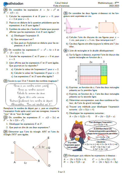 Fiche d'exercice sur le calcul littéral. Page 3
