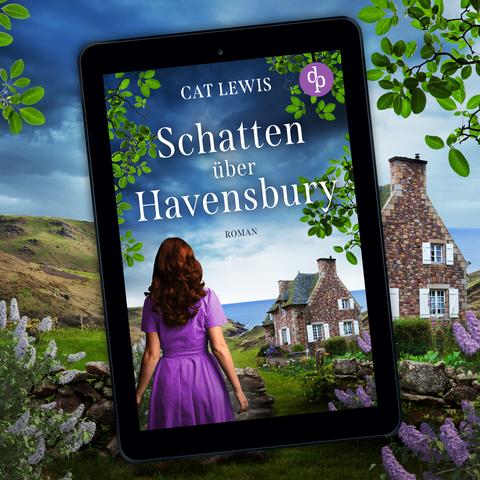 Eine rothaarige Frau im lila Kleid, dem Lesenden mit dem Rücken zugewandt. Vor ihr erstreckt sich das Meer zu ihrer Linken, zu ihrer Rechten steht ein englisches Cottage.