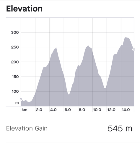 A Strava elevation graph showing three hills climbed and two descended for a total of 545m elevation gain
