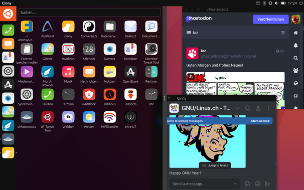 Screenshot Ubuntu Touch - Desktop-Modus - installierte Apps u.a. Abiword, Cinny (Matrix-Client), ConverseJS (xmpp-Client), Dekko 2 (Mail-Client, Invidious (Web-App), Wire-Messenger (Web-App), uMastonauts, Friendica (Web-App)