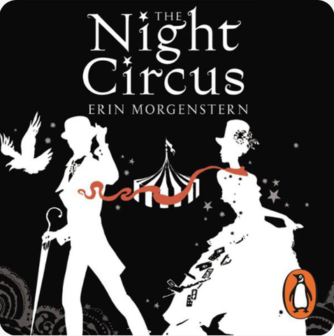 Title page of The Night Circus with two figures, a man and a woman, both in white silhouette and old fashioned finery. A striped circus tent behind them.