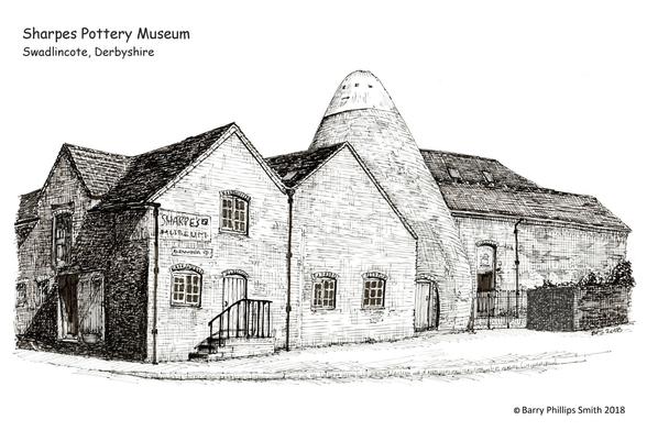 A  pen and ink sketch entitled "Sharpes Pottery Museum, Swadlincote, Derbyshire". The drawing shows a cluster of old buildings on the corner of a road with an old pottery bottle kiln clearly visible in the middle.