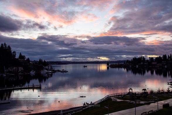 Sunset view over Lake Washington in Bellevue, WA, in the Seattle area. Pink and grey clouds reflecting in the lake, there’s only the silhouette of one boat in the distance. The view is framed by evergreens and homes on hills.