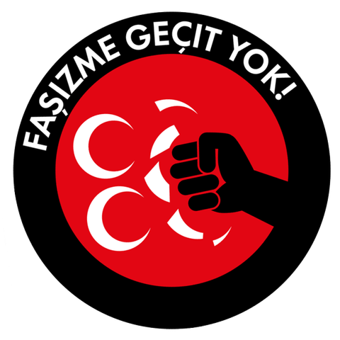 Turkish antifa sticker with a black fist smashing one of the three crescent moons of the Grey Wolves' logo